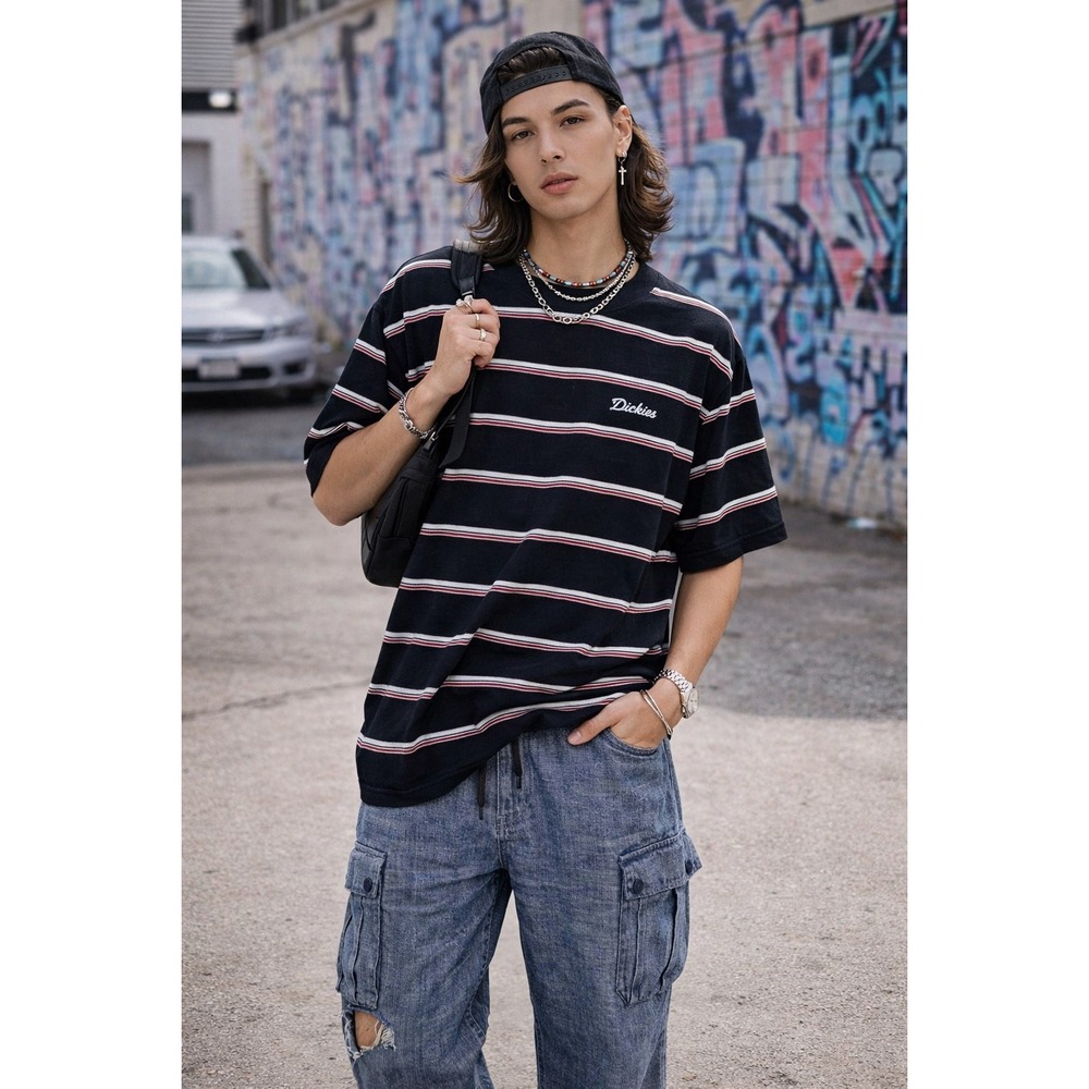Dickies Mens 2XL Black Striped Short Sleeve Polo‎ Shirt Back Graphic Script Logo